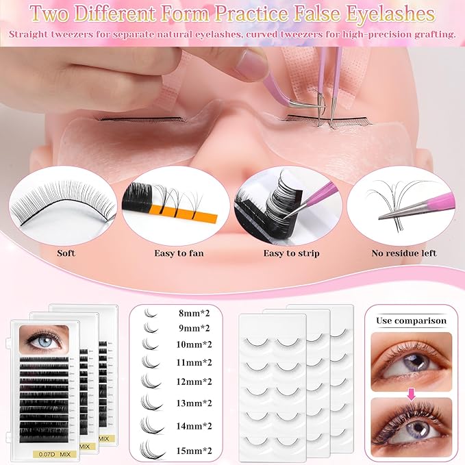 Lashes Kit for Eyelash Extension Beginners 470PCS Professional Lash Mannequin Head Practice Kit with Everything Lash Glue Lash Shampoo Lash Fan, Lash Extension Supplies for Practice Training