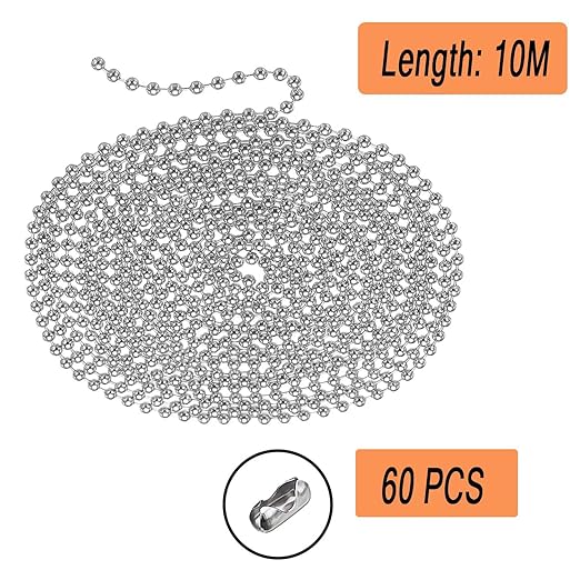 33ft Stainless Steel Ball Chain Necklace, 2.4mm Ball Bead Chain with 60pcs #3 Matching Connectors, Silver Metal Pull Chain for Dog Tag, Jewelry Making Kit, Mens Military Keychain, DIY Crafts