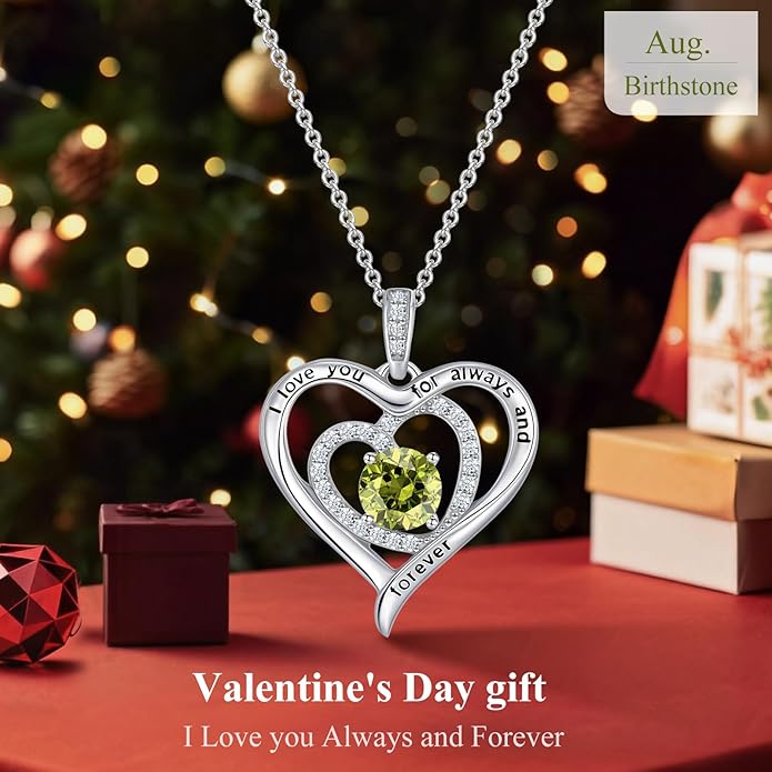 S925 Sterling Silver Necklace for Women, Valentines Day Gifts for Her, Love Heart Birthstone Necklaces for Women, Wife Jewelry, Mom Birthday Valentines Mothers Day Gifts, Girlfriend Necklaces, Daughter Heart Jewel, Anniversary for Her