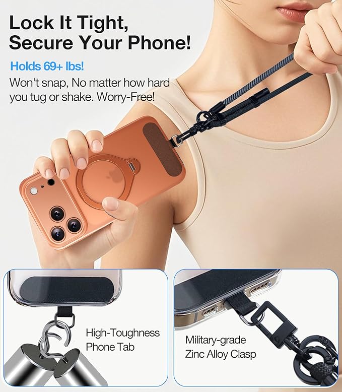 Phone Lanyard Crossbody, 2025 NEW Convertible Neck Strap& Wrist Strap, Adjustable Anti-Theft Lanyard with 2 Phone Tether Tabs, Universal Cell Phone Strap for iPhone 17 Pro Max Case, Black