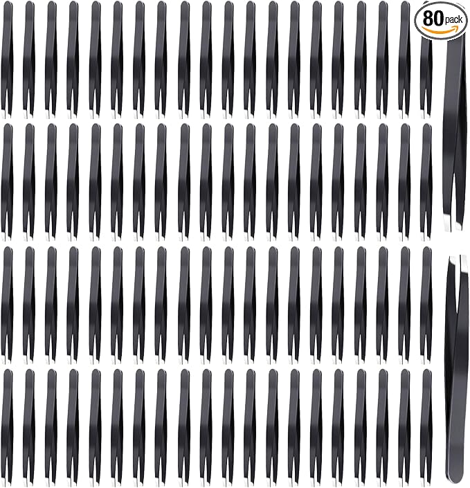 80 Pcs Eyebrow Lash Tweezers Set, Professional Black Iron Tweezers Bulk for Eyelash Extensions, Ingrown Hair Removal, Eyebrow Plucking and Facial Grooming - High Precision Beauty Tools for Women Men