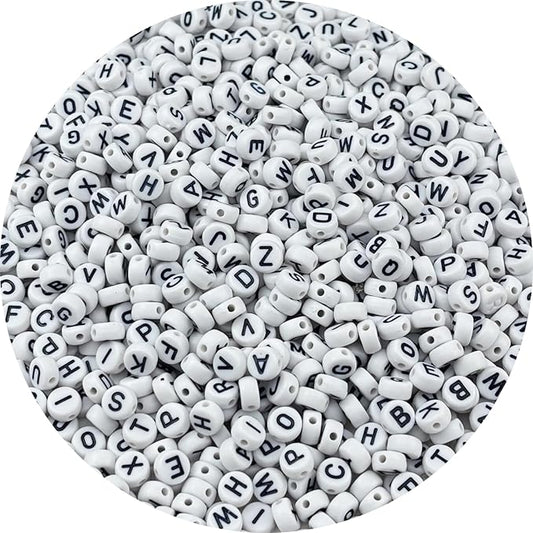 1000pcs Round Letter Beads 4x7mm Acrylic Alphabet Beads Spacer Beads for Jewelry Making Bracelets Necklace Earring Key Chains DIY Craft(V-Black Letter White Bead)