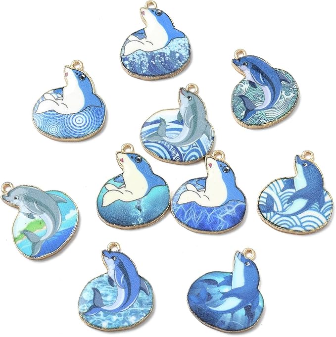 Stiesy 24 Pcs 12 Styles Blue Printed Dolphin Charms Pendants Sea Animal Enamel Alloy Metal Charms for Jewelry Crafts Necklace Bracelets Earring Making DIY Presents