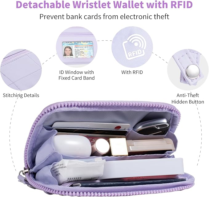 Clip and Go Strap for Phone with Wallet Crossbody Phone Lanyard with Anti-Theft Zipper Pouch Detachable Quilted Wrist Wallet with RFID and ID Window for Daily Travel.