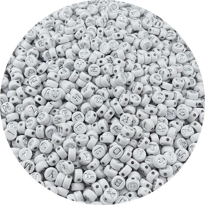 1000pcs Round Letter Beads 4x7mm Acrylic Alphabet Beads Spacer Beads for Jewelry Making Bracelets Necklace Earring Key Chains DIY Craft(T-Silver Letter White Bead)