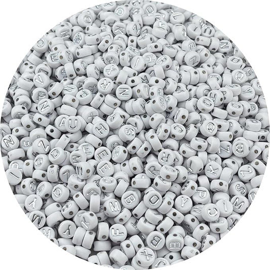 1000pcs Round Letter Beads 4x7mm Acrylic Alphabet Beads Spacer Beads for Jewelry Making Bracelets Necklace Earring Key Chains DIY Craft(T-Silver Letter White Bead)