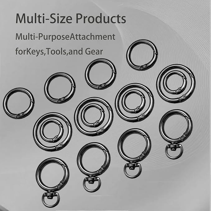 16PCS Metal Spring O Ring Set, Mixed Sizes Round Carabiner Keychain Snap Hooks for Key Rings, Bags, Dog Tags, Buckle, Paracord, Lanyards, and DIY Repair Crafts (Black)