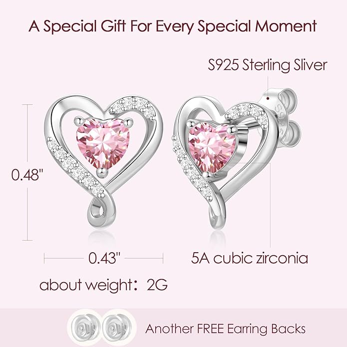 Zifeel Earrings for Women, S925 Sterling Silver Rose Gold Birthstone Heart Studs Earring for Girlfriend Wife, Anniversary Birthday Christmas Valentines Mothers Day Gifts Jewelry for Women Wife Her Mom