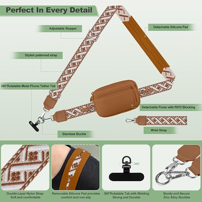 Clip and Go Strap for Phone with Wallet Crossbody, Adjustable Phone Lanyard with Detachable RFID Wristlet Wallet, Pattern Strap, Bronze(M)