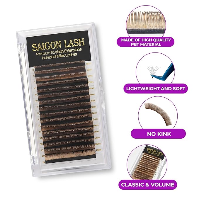 SAIGON LASH Eyelash Extensions, Mink Lash, Volume & Classic Lashes for Professionals, J/B/C/CC/D/L/M Curl, 4-15mm Length, Soft Korean PBT Fiber, 16 Rows Lash Tray (Gold Rose-CC-0.07-8-15mm)