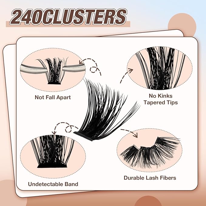Lash Clusters Kit, DIY Cluster Eyelash Extensions 10‑20mm, 80D+100D, 240pcs Fluffy D Curl Natural Lashes with Bond & Seal,Tweezers–Fake Cat Eye Individual Clusters