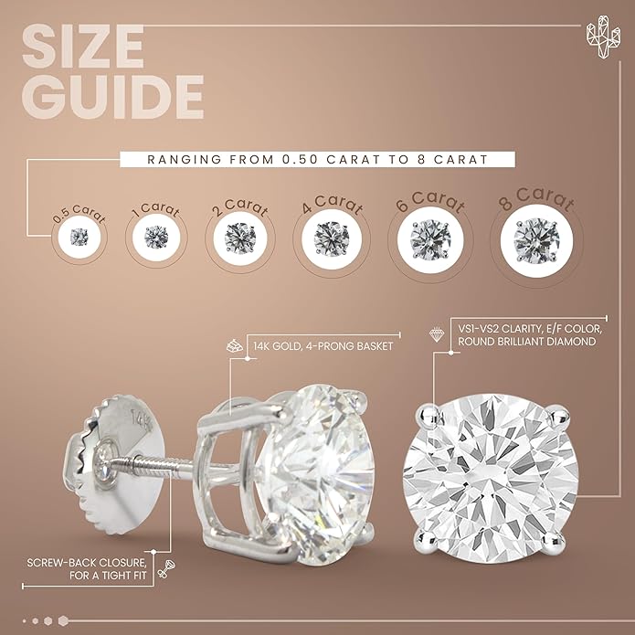 Scottsdale Diamond 14K Gold 0.5 to 4 Carat Certified LAB GROWN Diamond Stud Earrings for Women Her Round Cut 4 Prong Screw Back Fine Jewelry (E/F Color, VS1-VS2 Clarity)