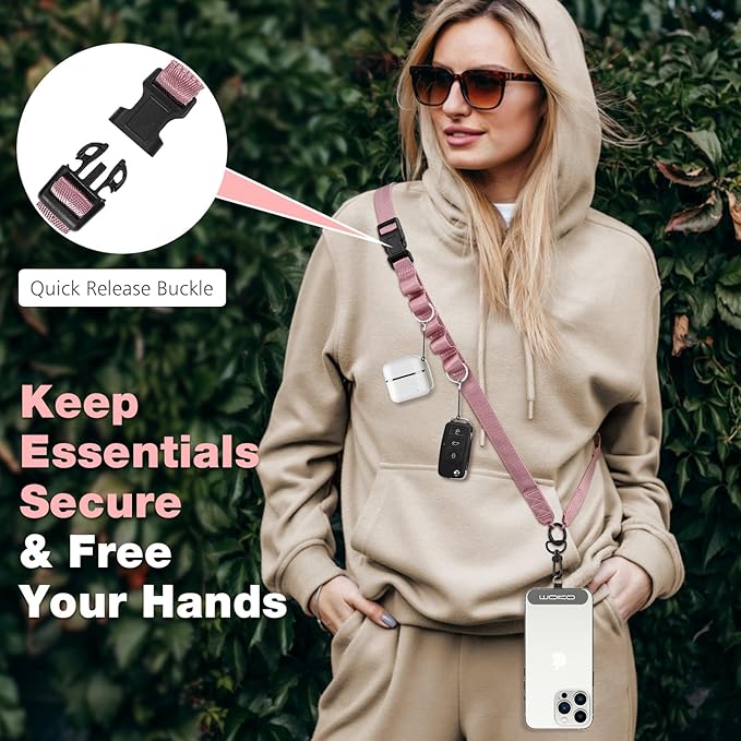 MoKo Universal Phone Lanyard, Nylon Adjustable Cell Phone Crossbody Strap Detachable Women & Men Cellphone Lanyards Around the Neck with Patches for iPhone, Most Smartphone, Rose Gold