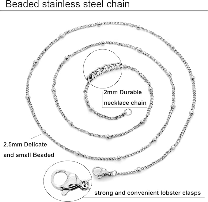 Lezam 12Pcs 24" Stainless Steel Satellite Beaded Necklace Chains Curb Link Chain Bulk for Jewelry Making supplies 2mm
