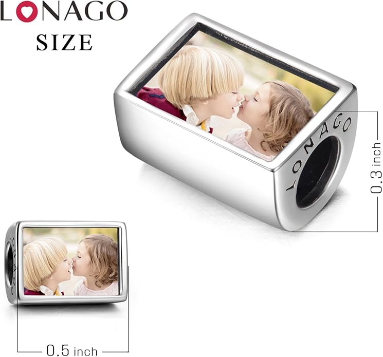 LONAGO 925 Sterling Silver Personalized Photo Charm Fit Compatible for Bracelet Necklace Customized Heart Round Shape Picture Bead