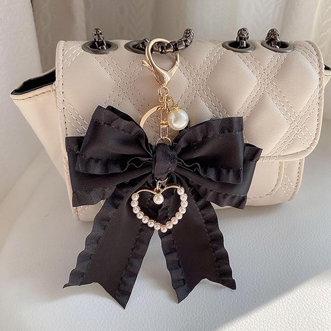 Ribbon Bowknot Bag Charms, Cute Pearl Heart Keyring Holder Purse Hanging Decorations Bag Handbag Pendant