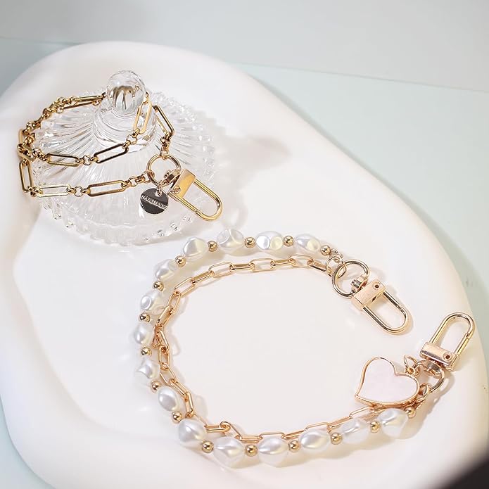 Pearl Beaded Phone Charm Wrist Strap,Cute Bracelet Wristlet Lanyard,Gold Double Chain for Phone Case,Purse Bag Wallet