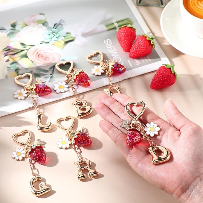 Strawberry Initial Keychain for Women-Cute Kawaii Gold Alphabet Bag Charms, Key chain Gift for Purse Handbag