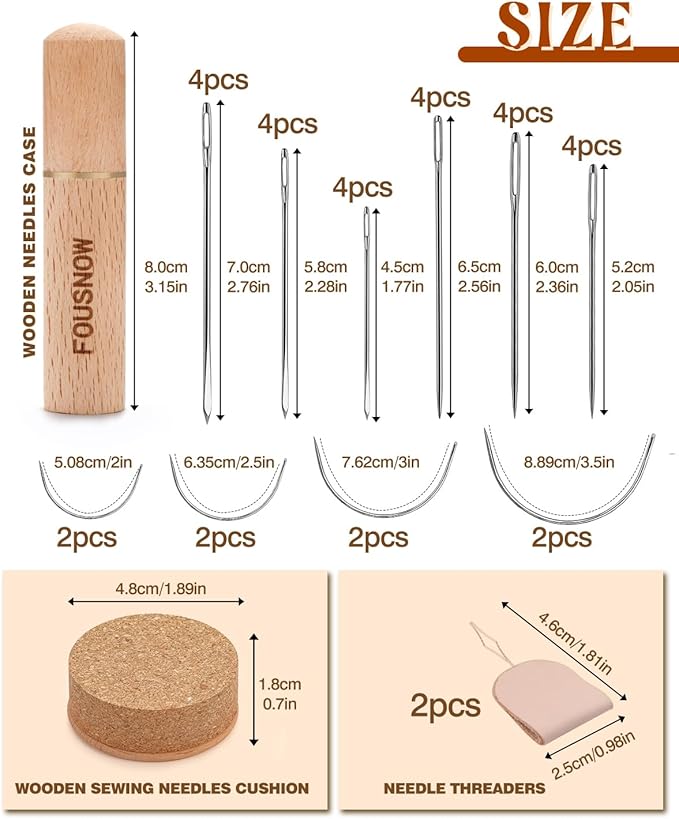 FOUSNOW 36 Pcs Heavy Duty Sewing Needles Kit, Curved Sewing Needles for Hand Sewing, Leather Sewing Needles with Wooden Sewing Needles Cushion, Needle Case for Leather Upholstery Repair Sewing
