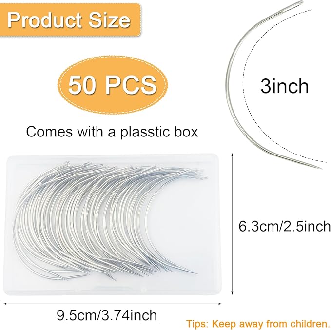 ArtCute 50 Pcs Curved Needles 3 Inch Curved Sewing Needles Leather Needles Weaving Needles Curved Upholstery Needle for Hand Sewing Carpet Leather Cavans Repairing Wig Making