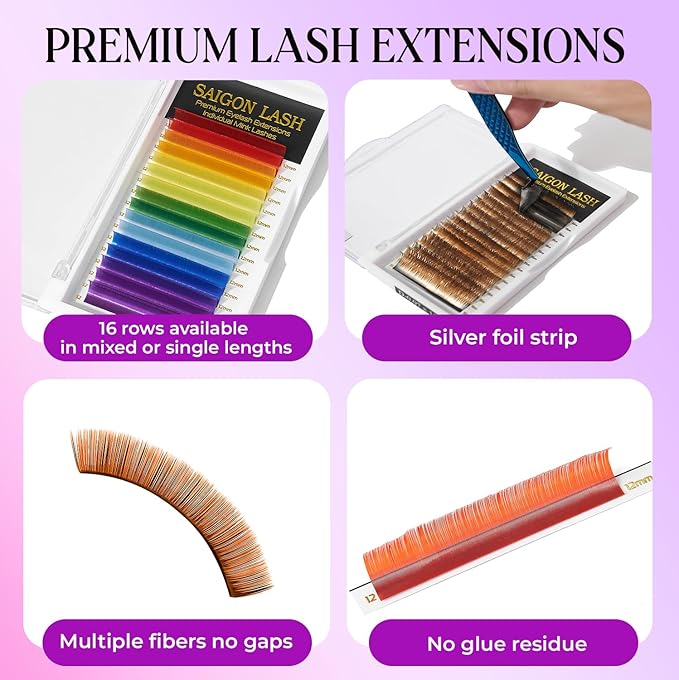 SAIGON LASH Eyelash Extensions, Mink Lash, Volume & Classic Lashes for Professionals, J/B/C/CC/D/L/M Curl, 4-15mm Length, Soft Korean PBT Fiber, 16 Rows Lash Tray (Rainbow-D-0.07-14mm)