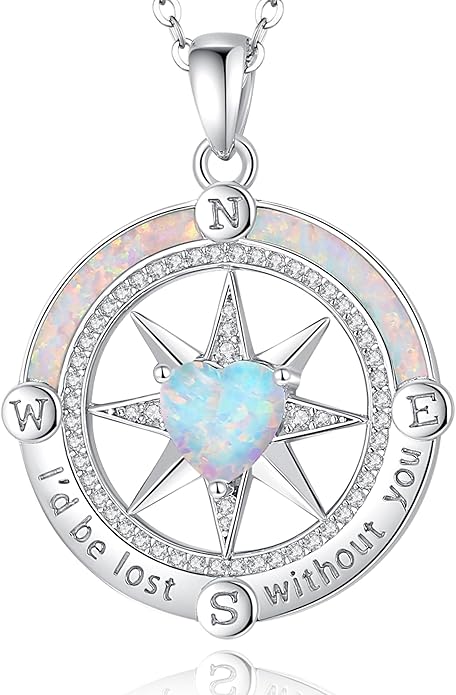 FANCIME Compass Necklace for Women Sterling Silver Compass Jewelry Opal Pendant Fine Jewelry Gemstone Birthday Christmas Gifts for Wife