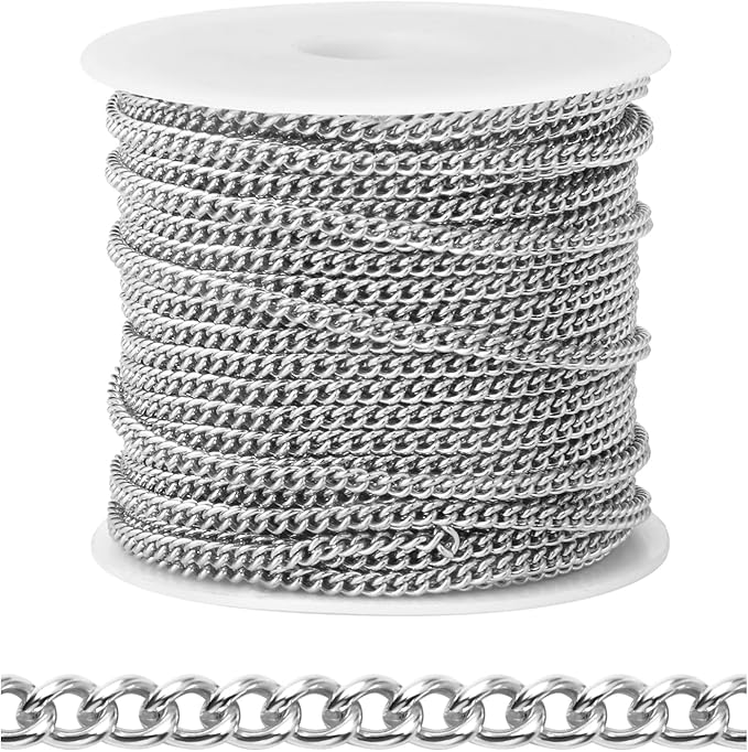 [66 FT] Stainless Steel Curb Chains Bulk for Jewelry Making, 2mm 304 Stainless Steel Flat Twisted Links Curb Chains Roll Spool for Jewelry Making DIY Craft
