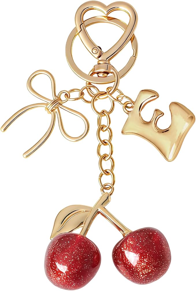 Snycler Bubble Initial Keychain with Cherry & Bow - Gold Letter Bag Charms for Women, Cute Purse Handbag Accessories