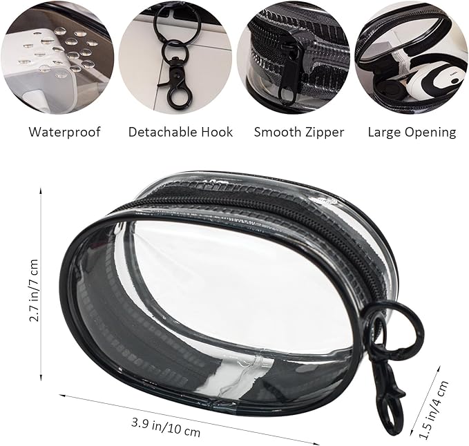 Enkrio 2PCS Mini Clear Makeup Bag Keychain Pouch with Zipper Clear Figure Display Bag Coin Purse Card Holder Data Cable Organizer (Black)