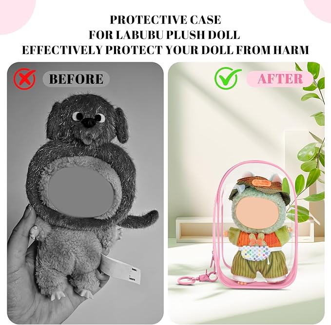Large Clear Figure Display Bag with Keychain Case Blind Box Keychain Carrying Case, Portable Small Doll Storage Pouches PVC Bag (Pink Standing)