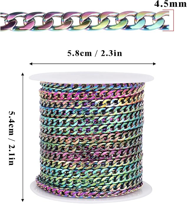 16.5 Ft Stainless Steel Curb Chains, 5mm 6mm 7mm 9mm Cuban Chain Roll Bulk for Jewelry Making