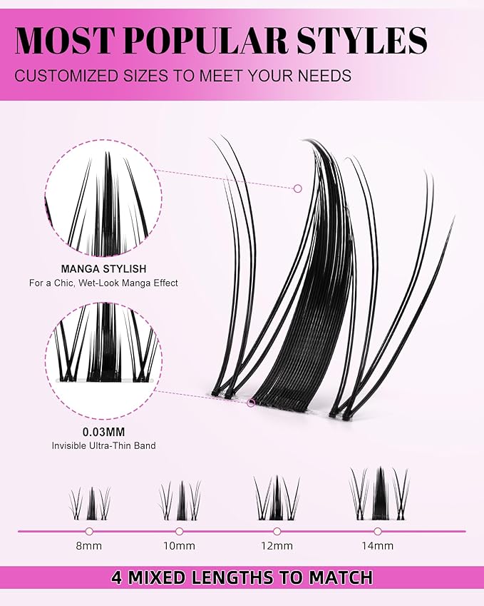 Fairy Lash Clusters Kit Short 8-14mm Manga Eyelash Clusters D Curl DIY Eyelash Extensions Wet-Look Spiky Anime Lashes Individual Fake Eyelashes Clusters with 0.03mm Ultra-Thin Invisible Lash Band