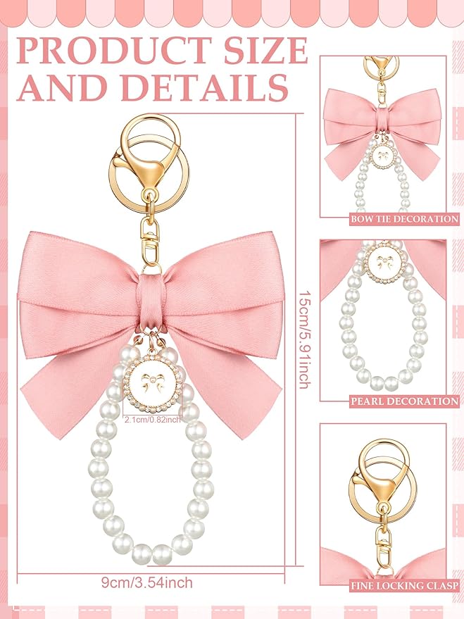 Sureio Pink Bow Keychain Coquette Pearl Bowknot Keyring Bulk Wristlet Keychain Vintage Ribbon Purse Charm for Women Handbags