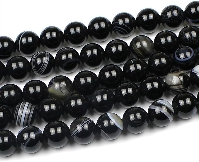 MJDCB Natural Black Striped Agate Round Loose Beads for Jewelry Making DIY Bracelet Necklace (10mm)