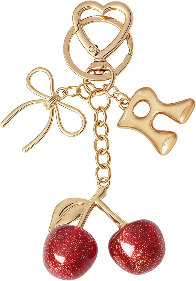Snycler Bubble Initial Keychain with Cherry & Bow - Gold Letter Bag Charms for Women, Cute Purse Handbag Accessories