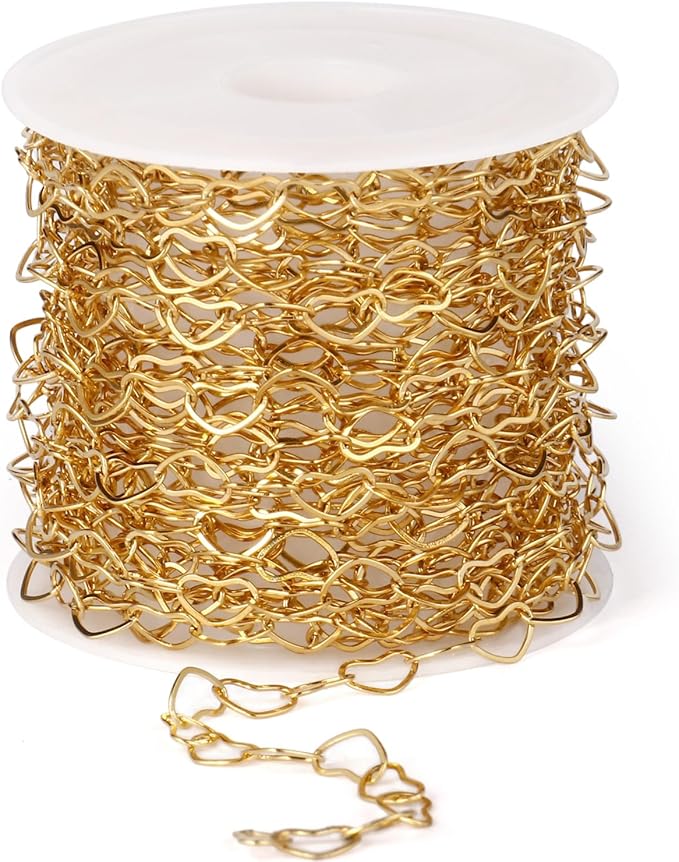 16.5FT Gold Heart Chains Roll, 4.5mm 18K Gold PVD Plated Stainless Steel Heart Link Chain Spool Bulk for Jewelry Making Necklace Bracelet