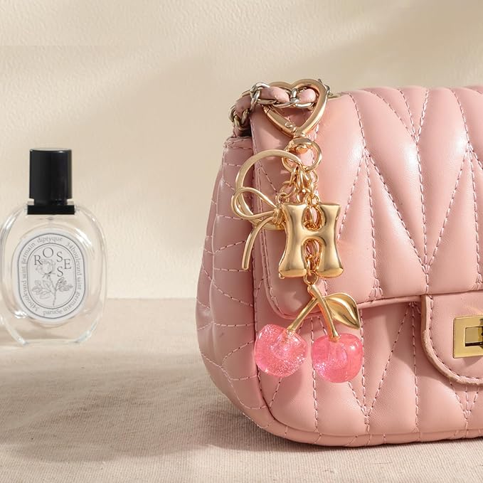Snycler Bubble Initial Keychain with Cherry & Bow - Gold Letter Bag Charms for Women, Cute Purse Handbag Accessories
