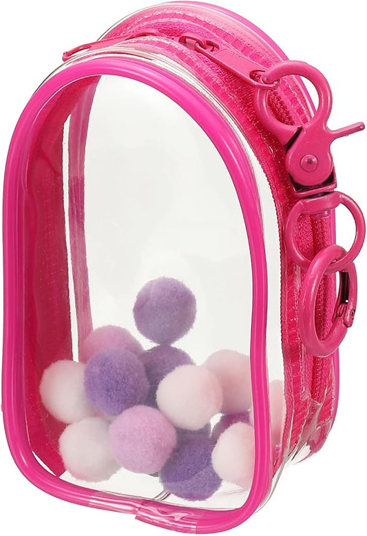 uxcell 4 Inch Clear Figure Display Bag, Mini Clear Pouch Waterproof Coin Pouch with Keychain and Pom Poms for Blind Box Doll Display (Oval, Red)