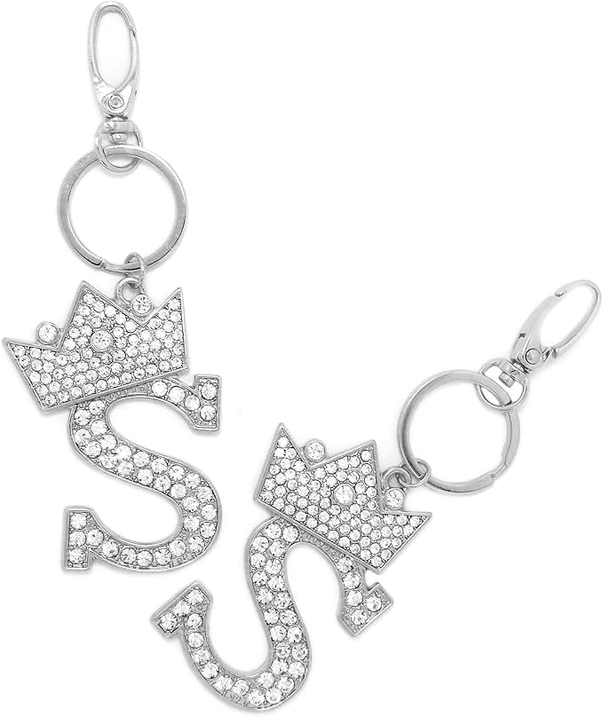 CBC Crown Crystal Rhinestone Letter Initial Keychain, Gold Metal, Bag Charm with Key Ring Approx. 2.17" x 2.56"