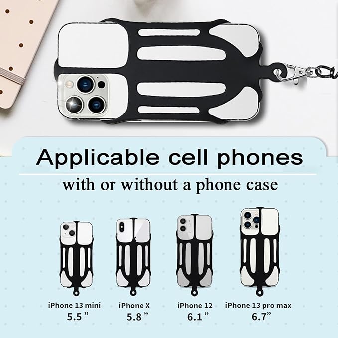 Phone Tether with 2 Patch and Silicone Phone Holder,2 in 1 iPhone Lanyard Tether with Carabiner Clip for Anti-Drop,Fits Most Cell Phones (Black)