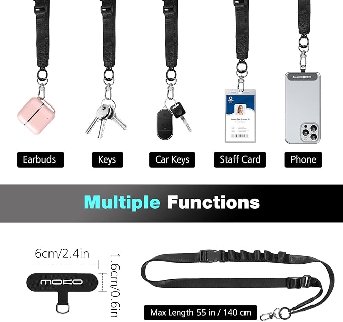 MoKo Universal Phone Lanyard, Nylon Adjustable Cell Phone Crossbody Strap Detachable Women & Men Cellphone Lanyards Around the Neck with Patches for iPhone, Most Smartphones, Black