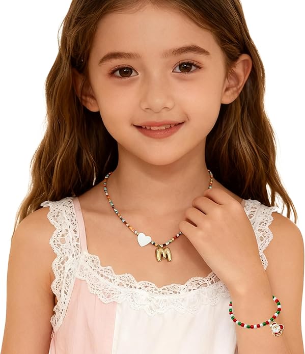 I IHAYNER Colorful Beaded Initial Necklace and Bracelet Set for Girls Personalized Letter Jewelry Gifts Trendy Choker Necklace Matching Bracelet Birthday Friendship Gift