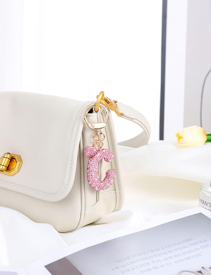 Initial Keychain for Women Girls,Bling Letter Key chain Initial with Heart,Pink Keychain Charms for Backpack Handbag