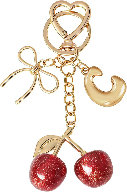 Snycler Bubble Initial Keychain with Cherry & Bow - Gold Letter Bag Charms for Women, Cute Purse Handbag Accessories