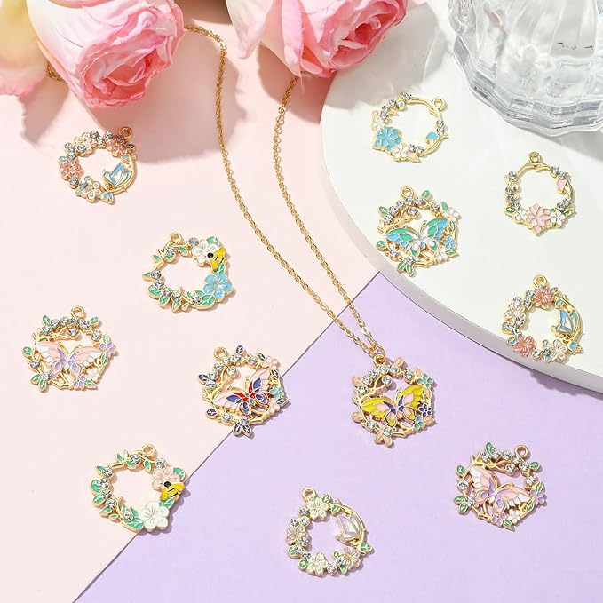 Stiesy 20 Pcs 10 Styles Spring Flower Wreath Charms Enamel Metal Charm Pendant with Rhinestone Butterfly Bee for Jewelry Making DIY Bracelet Earring Necklace Crafting