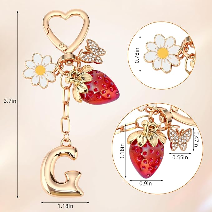Strawberry Initial Keychain for Women-Cute Kawaii Gold Alphabet Bag Charms, Key chain Gift for Purse Handbag