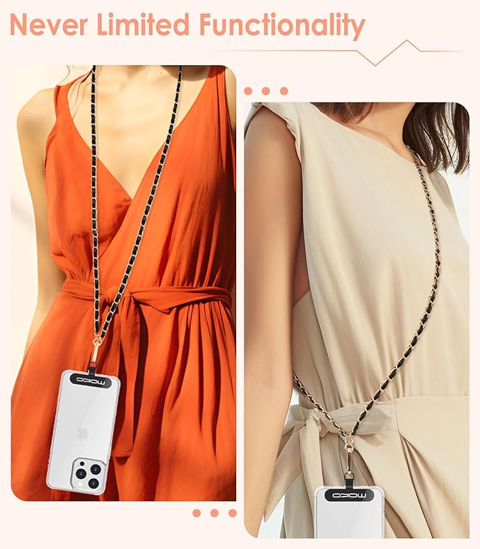MoKo Universal Phone Lanyard, Metal Cell Phone Chain Crossbody Strap Anti-Theft Detachable Women Cellphone Lanyards Around The Neck with Patches for iPhone, Most Smartphones - Gold & Black