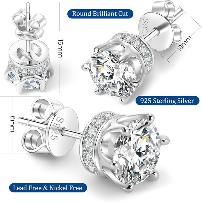 Moissanite Stud Earrings 1.2ct-2.4 ct DF Color Grade Round Cut Lab-Grown Moissanite Earrings 18K White Gold Plated Sterling Silver Friction Back for Women Men