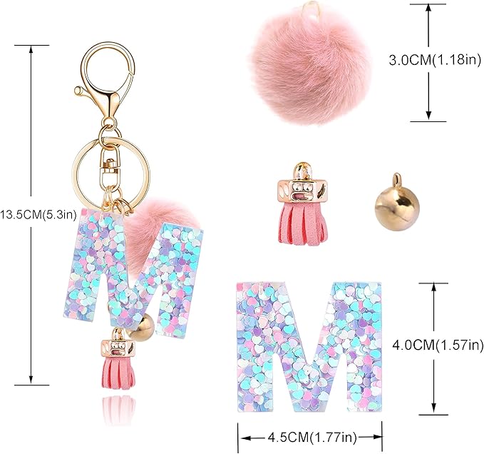 Resin Alphabet Initial Letter Keychain Keyring for Women Purse Handbags With Fur Ball Pom
