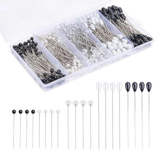 420pcs Boutonniere Corsage Pins 5 Styles Flower Pins Pearl Teardrop Crystal Head Black and White Wedding Bouquet Pins for DIY Craft Wedding Floral Decorations